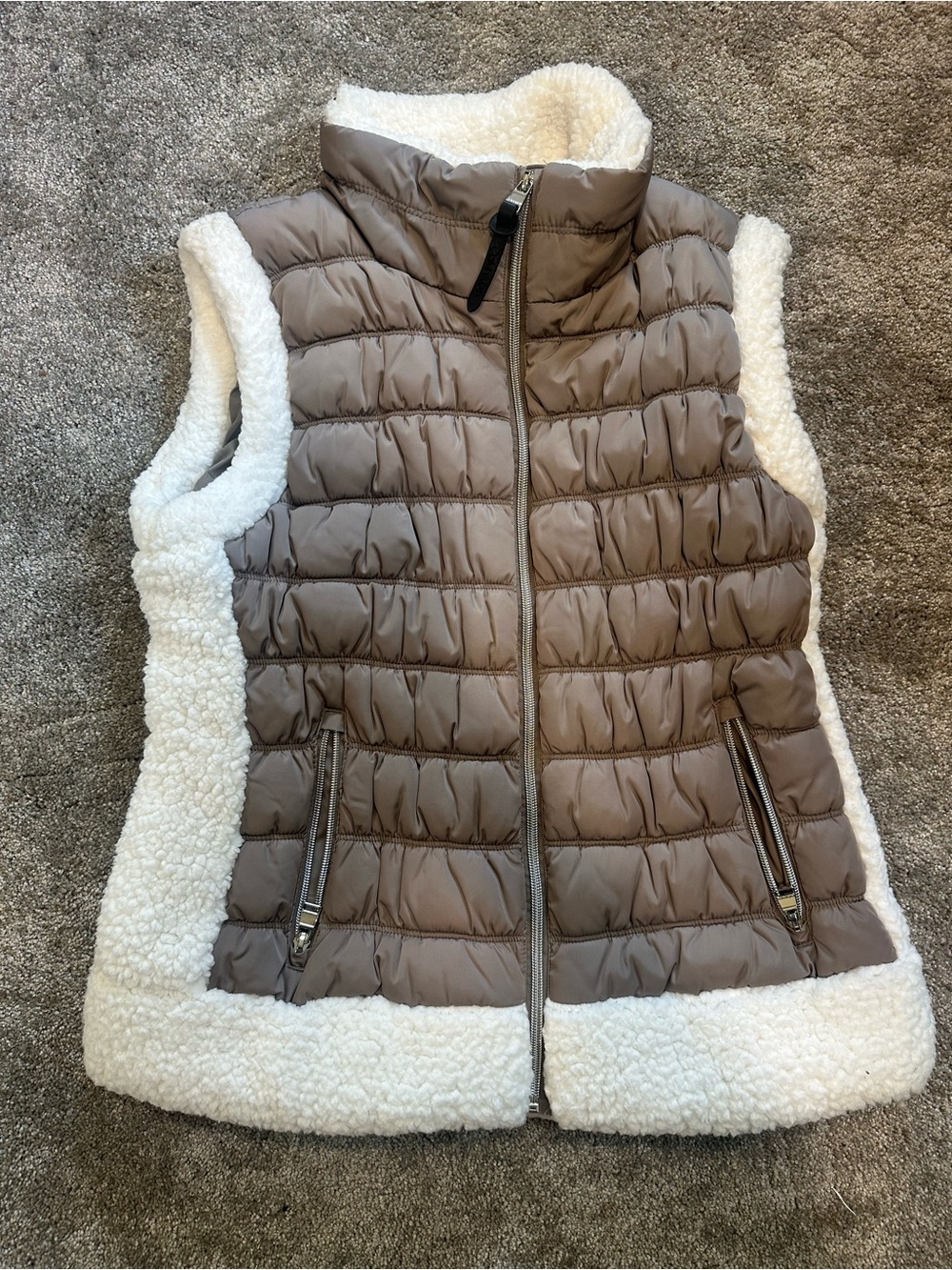 Calvin Klein Taupe Puffer Vest with Sherpa Trim